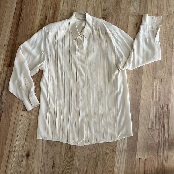 Vintage Silk Dana Buchman Top Size 12 Cream Pleated Long Sleeve Button Down - Picture 1 of 11